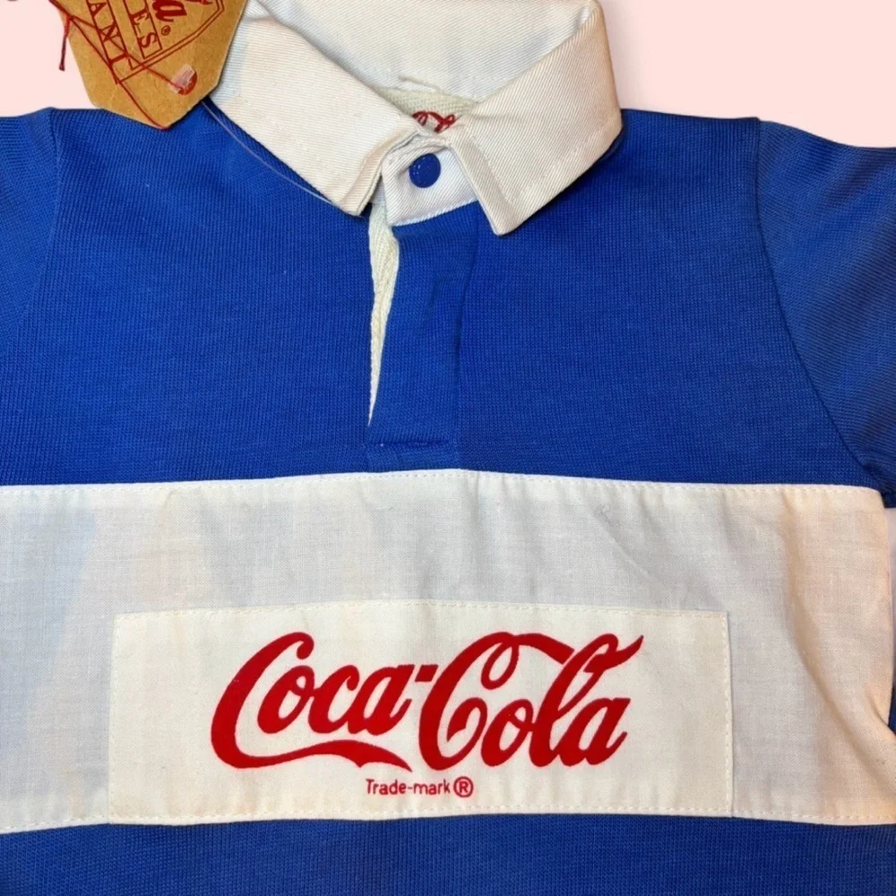 Vintage NWT 1986 Coca-Cola Kids Rugby Shirt Size 2T Unisex Polo Color Block Blue